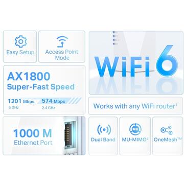 TP-LINK AX1800, Wi-Fi 6 1800Mbps, 1 port Gigabit,  2 antene interne, 2.4 / 5Ghz dual band,