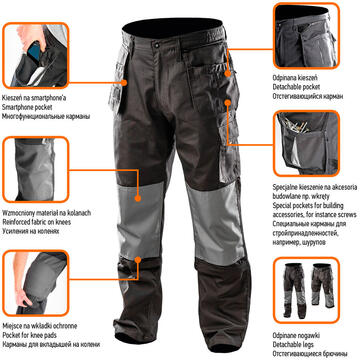NEO Spodnie robocze, rozmiar L/52, odpinane kieszenie i nogawki