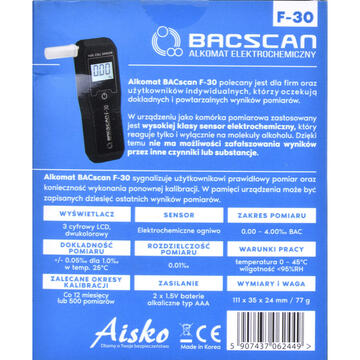 Testere alcoolemie oromed HI-TECH MEDICAL BACSCAN F-30 alcohol tester 0 - 4% Black