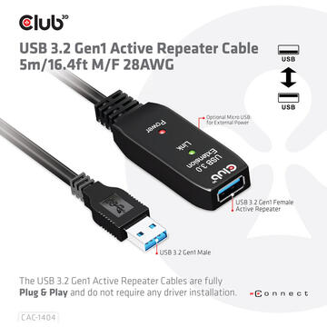Club 3D CLUB3D USB 3.2 Gen1 Active Repeater Cable 5m/ 16.4 ft M/F 28AWG