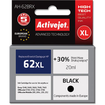 Activejet AH-62BRX ink for HP printer; HP 62XL C2P05AE replacement; Premium; 20 ml; black