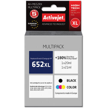 Activejet AH-M652RX ink for HP printer; HP 652 F6V25AE/F6V24AE replacement; Premium; 1 x 20 ml, 1 x 21 ml; black, color