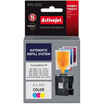 Activejet ARS-305Col automatic refill system for HP printer; HP301, HP302, HP303, HP304, HP304 replacement; 6 x 4 ml; color