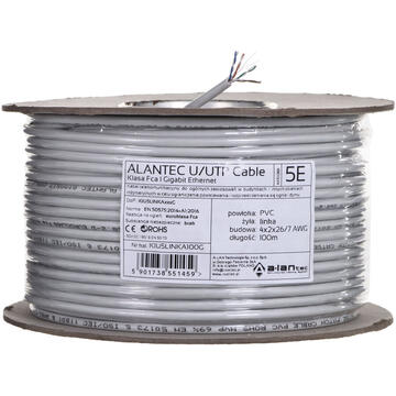 A-LAN ALANTEC UTP CABLE 4X2X26AWG CAT.5E PVC 100M GRAY - 100% COPPER