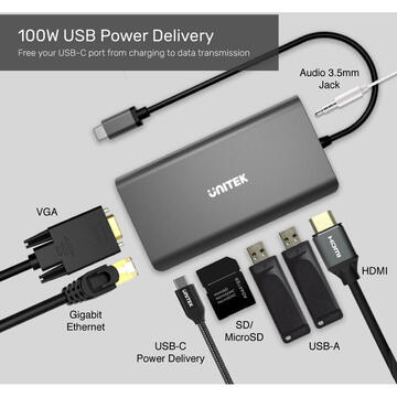UNITEK D1019A interface hub USB 3.2 Gen 1 (3.1 Gen 1) Type-C 5000 Mbit/s Grey