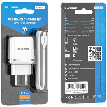 Incarcator de retea Blue Power BLBA25A Outstanding, 2 X USB, 2.4 A, Alb