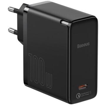 Incarcator de retea Baseus GaN2, Fast Charge 100W, 1 x USB Type-C 5V/3A max, include cablu USB Type-C la USB Type-C 100W 1.5m, negru