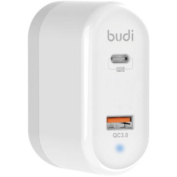 Incarcator de retea Budi 328E USB + USB-C, 18W + adaptoare EU/UK/US (alb)