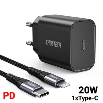 Incarcator de retea choetech Fast Charge PD USB-C la Lightning MFI 20W, Negru, cablu inclus