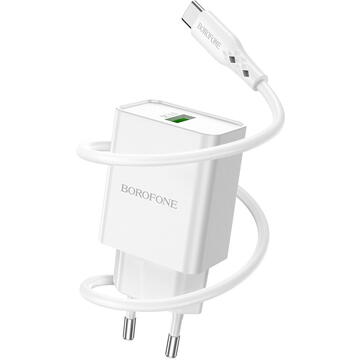 Incarcator de retea Borofone BN5 Sunlight White, QC 3.0, 18W, cablu USB la Type-C inclus