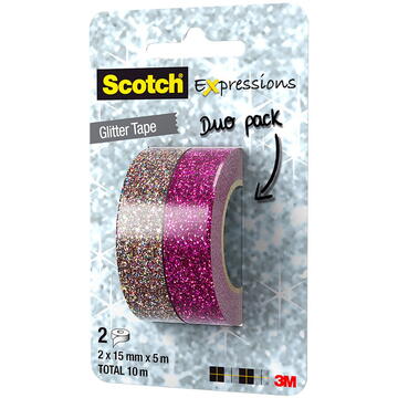Accesorii birotica Banda adeziva glitter, pt. decorat, 15mm x 5m, 2 buc/blister, 3M - SCOTCH Expressions - roz/multicol
