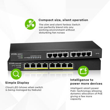 Switch ZyXEL GS1915-8EP Managed L2 Gigabit Ethernet (10/100/1000) Power over Ethernet (PoE) Black