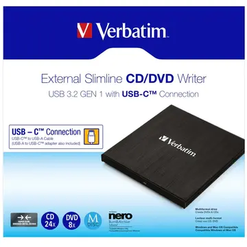 DVD-RW extern Verbatim Slim-line USB3.2 Gen 1, USB-C, BLACK