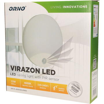 Orno Plafoniera LED 15W, tavan cu senzor de mișcare, 1050lm, IP44, 4000K, policarbonat opal, alb