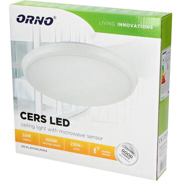 Orno CERS LED 16W, plafon z mikrofalowym czujnikiem ruchu, 1300lm, IP54, 4000K, poliwęglan mleczny, biały, funkcja przyciemnienia