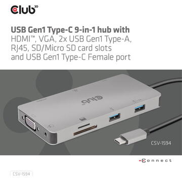 Club 3D CLUB3D USB Gen1 Type-C 9-in-1 hub with HDMI, VGA, 2x USB Gen1 Type-A, RJ45, SD/Micro SD card slots and USB Gen1 Type-C Female port