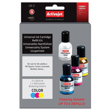 Activejet UK-2 Replenishment System Universal Replacement for HP, Canon, Epson, Brother printers; Supreme; 3x30ml;  colour.