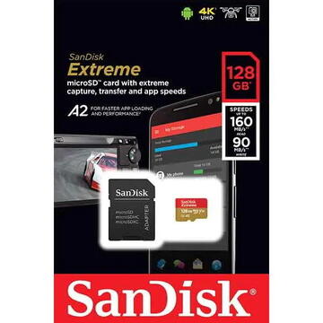 Card memorie SanDisk MICROSDXC 128GB CL10  Extreme, 128GB, Clasa 10, R/W speed: up to 160MB/s/, 90MB/s, include adaptor SD