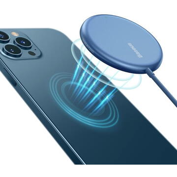 Baseus Mini incarcator magnetic wireless Qi MagSafe pentru iPhone, 15 W, Albastru