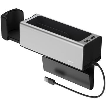 Organizator Auto Baseus Deluxe Metal Armrest, 2x USB (incarcare), Negru CRCWH-A01