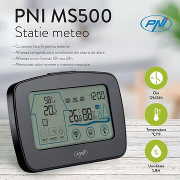 Statie meteo PNI MS500 cu senzor extern fara fir, afiseaza temperatura si umiditatea interioara si exterioara, memorie valori climaterice minime si maxime