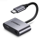 ADAPTOR Incarcare si audio Ugreen, "CM193", 1 x USB Type-C(T) la 1 x USB Type-C(M) si 1 x Jack 3.5mm(M), lungime cablu 10 cm, gri