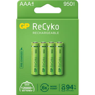 Acumulatori GP Batteries, ReCyko 1000mAh AAA (LR03) 1.2V NiMH, paper box 4 buc. "GP100AAAHCE-2EB4" "GPRHC103E001" (include TV 0.32lei)