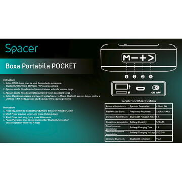 Boxa portabila Spacer POCKET, RMS: 3W Black