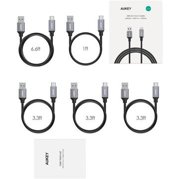Aukey Cable USB-A to USB-C black 5 Pack 1x2M 3x1M 1x0.3M