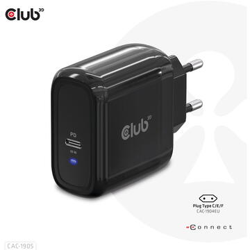 Incarcator de retea Club 3D Travel Charger 65W GAN technology, Single port USB Type-C, Power Delivery(PD) 3.0 Support
