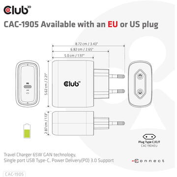 Incarcator de retea Club 3D Travel Charger 65W GAN technology, Single port USB Type-C, Power Delivery(PD) 3.0 Support