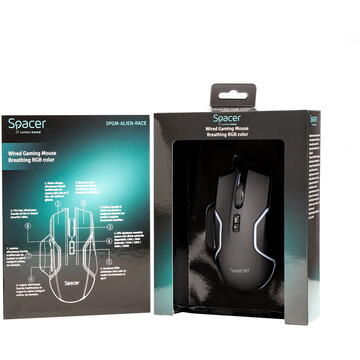 Mouse Spacer SPGM-ALIEN-RACE Gaming cu fir USB Optic 12000 dpi RGB Negru