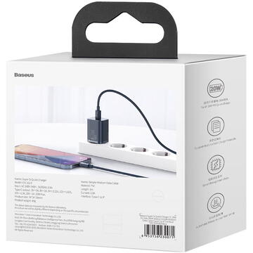 Incarcator de retea Baseus Super Si, TZCCSUP-B03, 1 port USB-C, EU, Quick Charge, 20W, Universal, Albastru, Cablu USB-C-Lightning inclus
