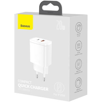 Incarcator de retea Baseus Compact Quick Charger, USB, USB-C, 20W (white)