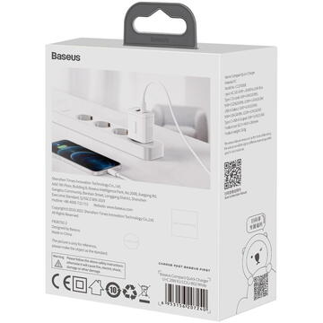 Incarcator de retea Baseus Compact Quick Charger, USB, USB-C, 20W (white)