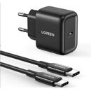 Incarcator de retea Wall charger UGREEN CD250, 25W, USB-C (black) + USB-C to USB-C cable, 2m (black)