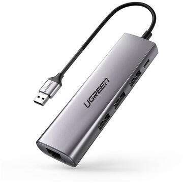 UGREEN CM266 Hub Adapter 5in1 USB, 3x USB 3.0, micro USB, RJ45 (gray)