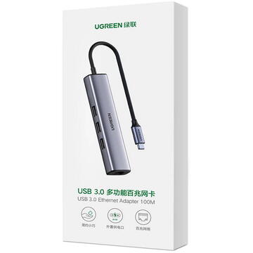 Hub UGREEN CM473 Type C to 3x USB 3.0 + 1x RJ45 (gray)