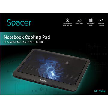 Spacer Cooler pentru laptop de 15.6", sita metal, fan 14cm cu led albastru, Negru