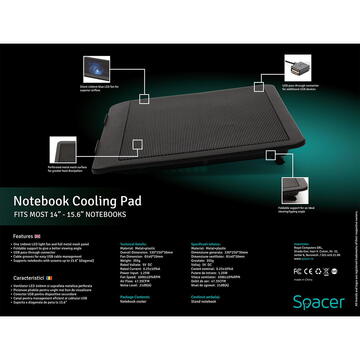 Spacer Cooler pentru laptop de 15.6", sita metal, fan 14cm cu led albastru, Negru