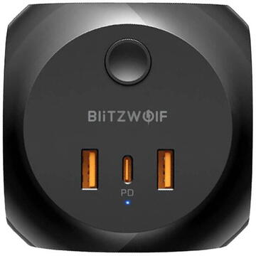 Prelungitor BlitzWolf BW-PC1 cu 3 prize AC, 2x USB, 1x USB-C Negru