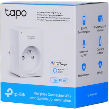 Prize inteligente TP-LINK Tapo P110 Mini Wi-Fi, monitorizare consum energie, control vocal, 16A, 100-240V, Alb