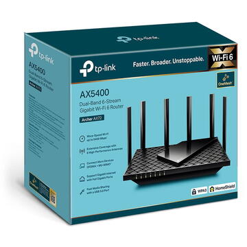 Router wireless TP-LINK Archer AX72 AX5400, 5400Mbps,1 x WAN Gigabit, 4 porturi Gigabit,1 x USB 3.0, 2.4 Ghz/5 Ghz dual band, 6 antene externe, WI-FI 6