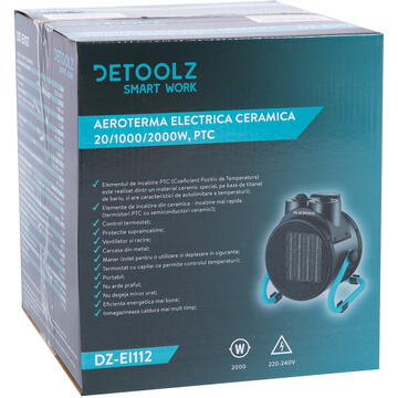 Detoolz Aeroterma electrica ceramica, 20/1000/2000W, PTC Negru/Albastru 2000W