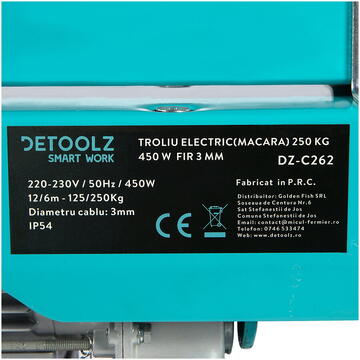 Detoolz Troliu electric (macara) 250kg 450W fir 3mm