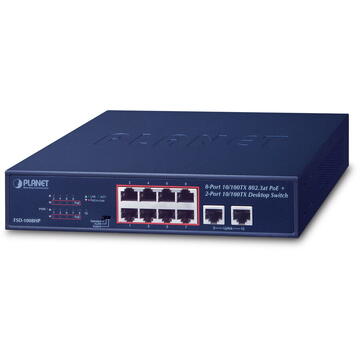 Switch PLANET FSD-1008HP network switch Unmanaged Fast Ethernet (10/100) Power over Ethernet (PoE) 1U Blue