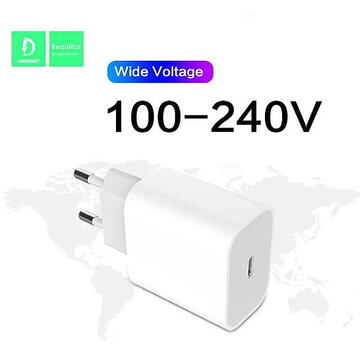 Incarcator de retea POWER SUPPLY CHARGER 3.6A 20W WHITE DENMEN + CABLE TYP-C 3600mAh DC06 POWER DELIVERY TYPE-C TO TYP-C
