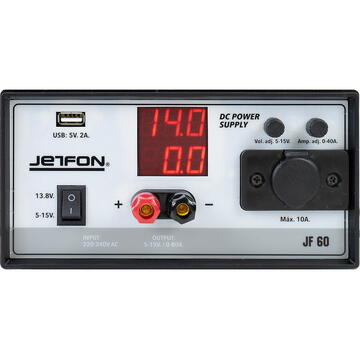 Sursa de tensiune PNI Jetfon JF-60, 5-15V reglabil, 13.8V fix, 5V USB, 0-60A, 220-240V, negru