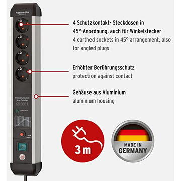Brennenstuhl Premium Protect Line 4-way, power strip (black/silver, 60,000 A surge protection, 3 meters)