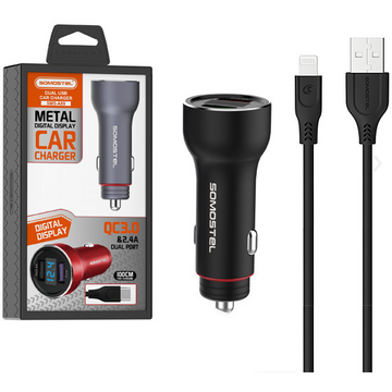 CAR CHARGER 5A BLACK METER + CABLE IPHONE SOMOSTEL 30W 2XUSB DUAL SMS-A89 QUICK CHARGE QC 3.0 METAL - POWER DELIVERY